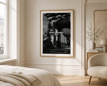 Luxury monochrome Paris architecture print with fashion-inspired typography styled in a bright contemporary bedroom.