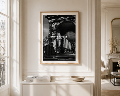 Modern black and white Paris wall art featuring elegant architectural photography and designer-inspired typography for neutral interiors.