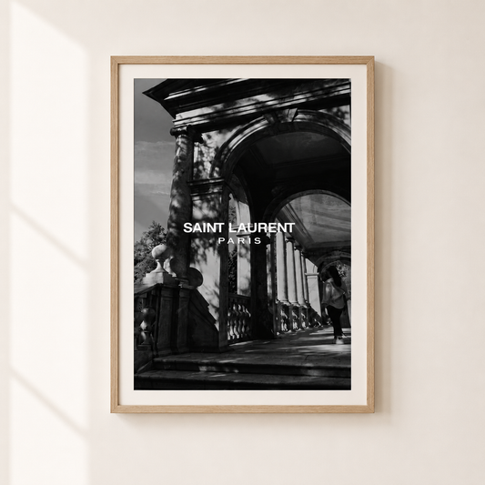 Saint Laurent Paris inspired black and white architecture wall art print in a light oak frame for modern luxury home décor.