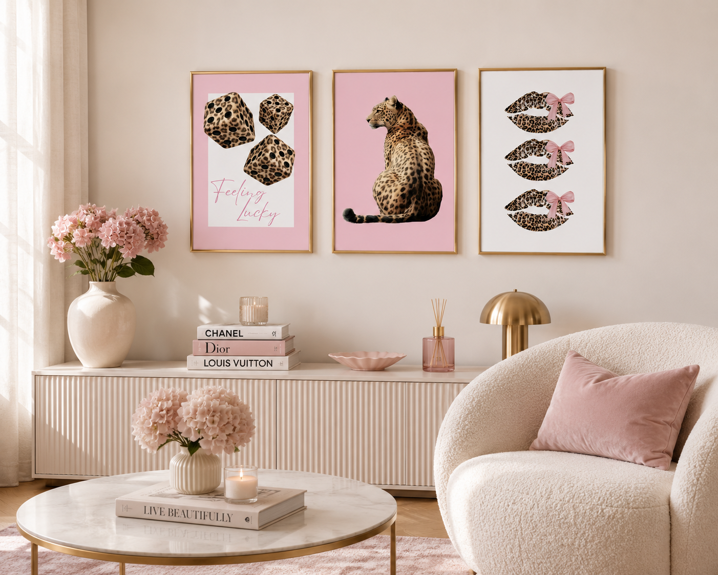 Luxury coquette wall art set including leopard portrait, leopard lips with bows and leopard print lucky dice posters.