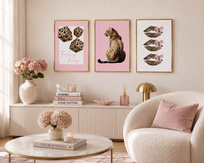 Luxury coquette wall art set including leopard portrait, leopard lips with bows and leopard print lucky dice posters.
