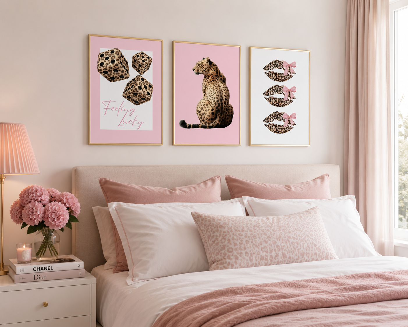 Pink preppy leopard gallery wall prints for bedroom featuring fashionable animal print artwork and feminine blush tones.