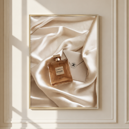A framed art print featuring a Chanel No. 5 perfume bottle and a Chanel box resting on draped champagne silk, displayed on a cream-colored wall with elegant molding and soft window shadows.