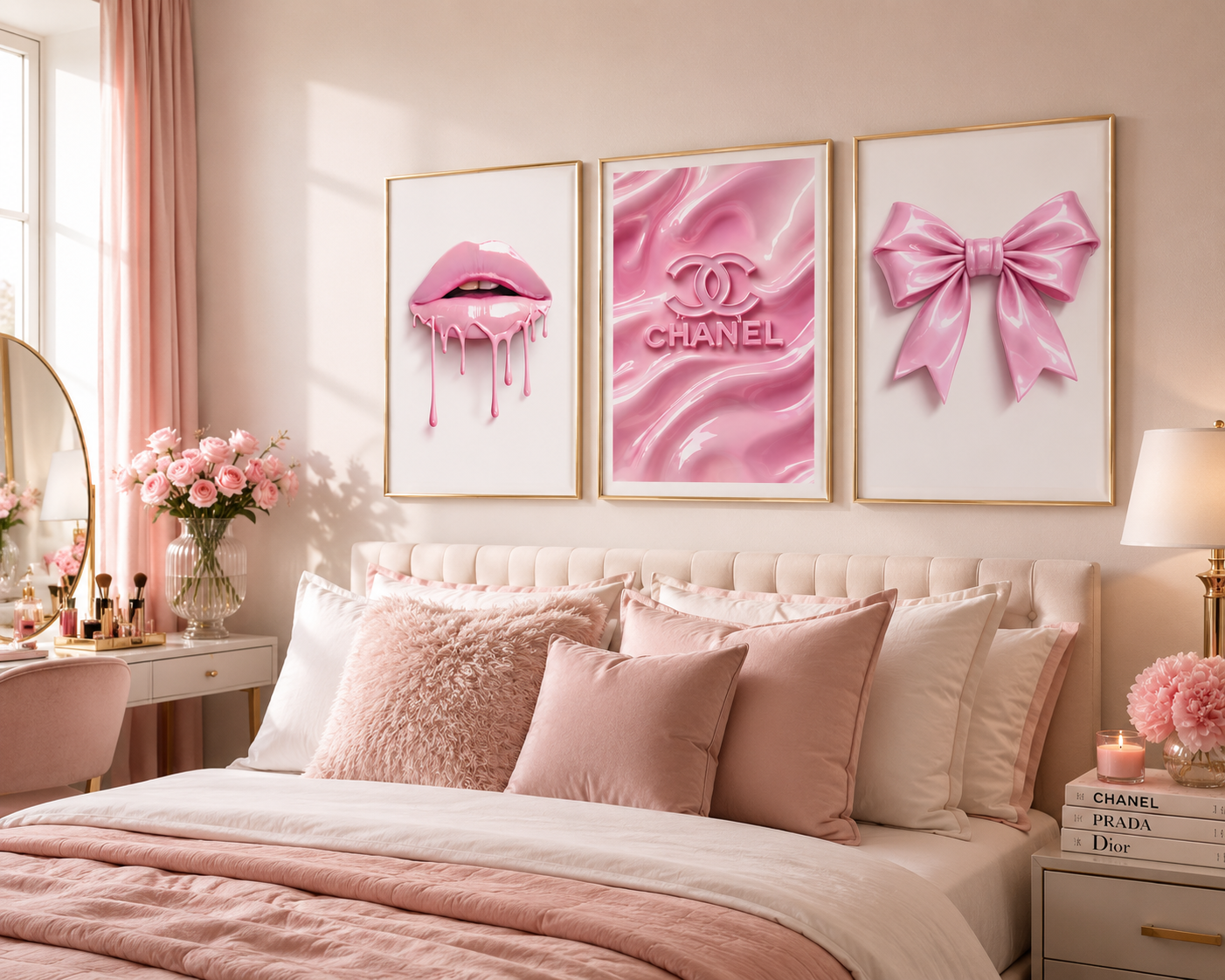 A styled bedroom scene with a bed in blush pink bedding, three framed pink wall art prints above the headboard, and pink floral decor. The center print shows the Chanel logo, so Chanel is a visible brand.