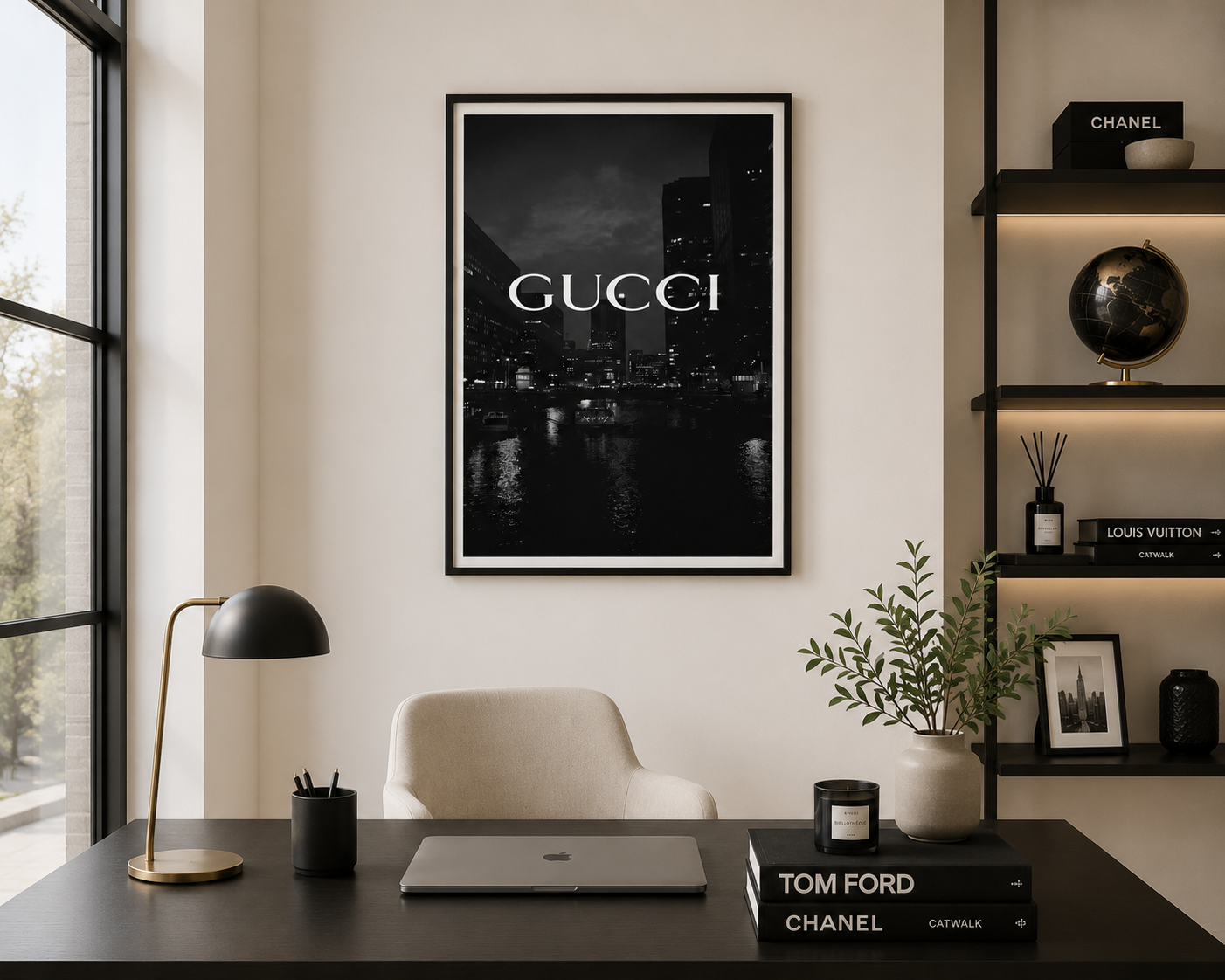 A framed black and white Gucci cityscape poster hangs on a beige wall in a modern, stylish home office setup with a desk, chair, lamp, and shelves.