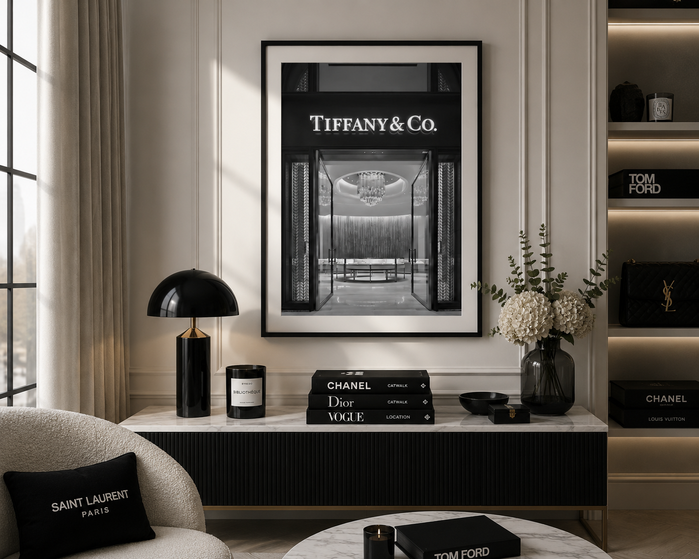 A framed black and white art print of Tiffany & Co. hanging on a beige wall in a luxury living room setting, styled with Chanel, Saint Laurent, and Tom Ford products.