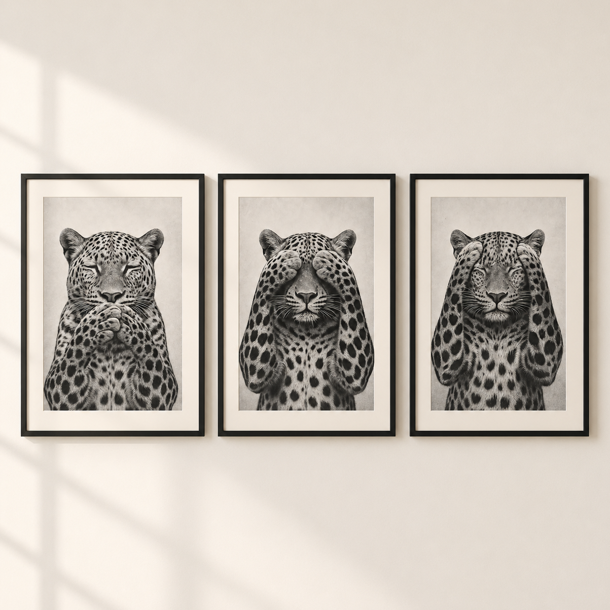 Three framed black and white leopard art prints hanging side-by-side on a light beige wall with soft window shadow overlays.