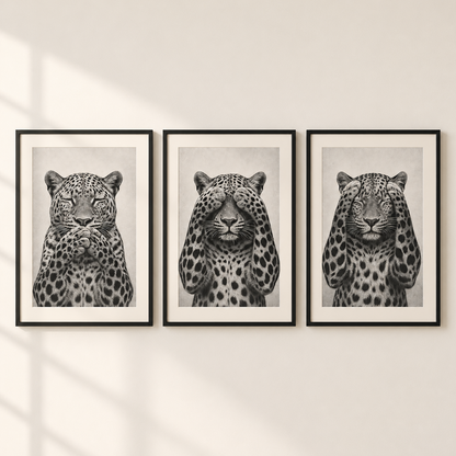Three framed black and white leopard art prints hanging side-by-side on a light beige wall with soft window shadow overlays.