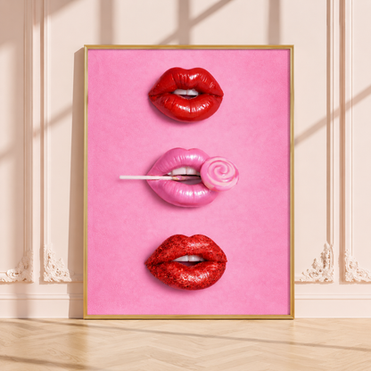 A framed art print featuring three stylized lips in red and pink on a bright pink background, leaning against a cream-colored wall with decorative molding and soft window shadows.