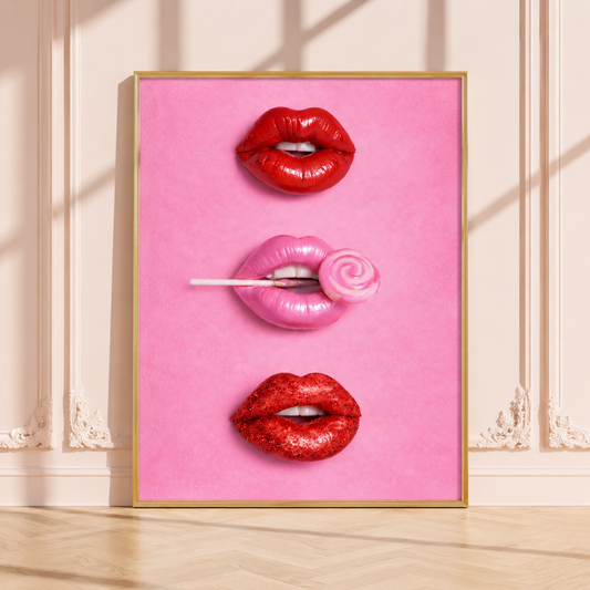 A framed art print featuring three stylized lips in red and pink on a bright pink background, leaning against a cream-colored wall with decorative molding and soft window shadows.