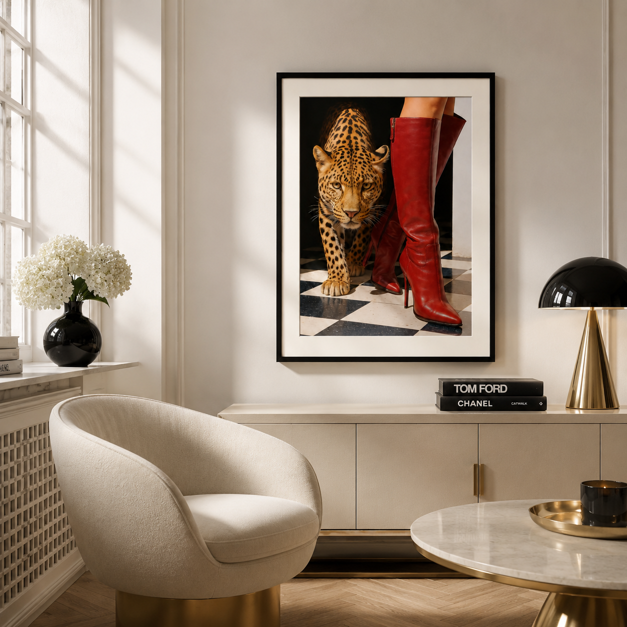 A framed art print featuring a leopard and a person's legs in red high-heeled boots, displayed on a beige wall in a modern living room setting.