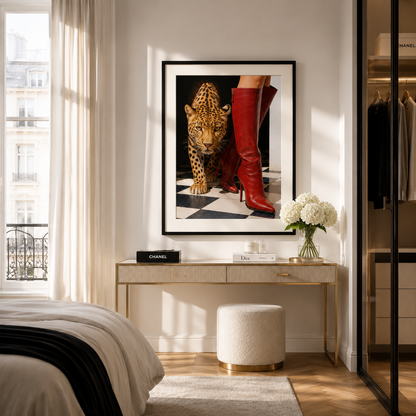 A framed art print featuring a leopard and red boots, displayed on a wall above a console table in a modern, sunlit bedroom.