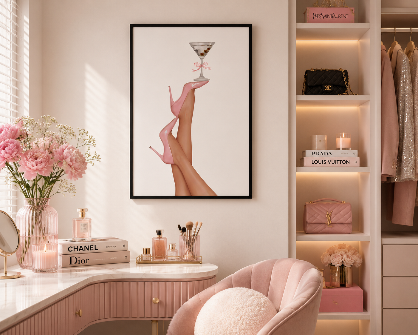 A framed wall art print featuring a stylized illustration of legs in pink high heels balancing a martini glass, displayed in a pink vanity room setting with a pink chair, shelves, and cosmetics.