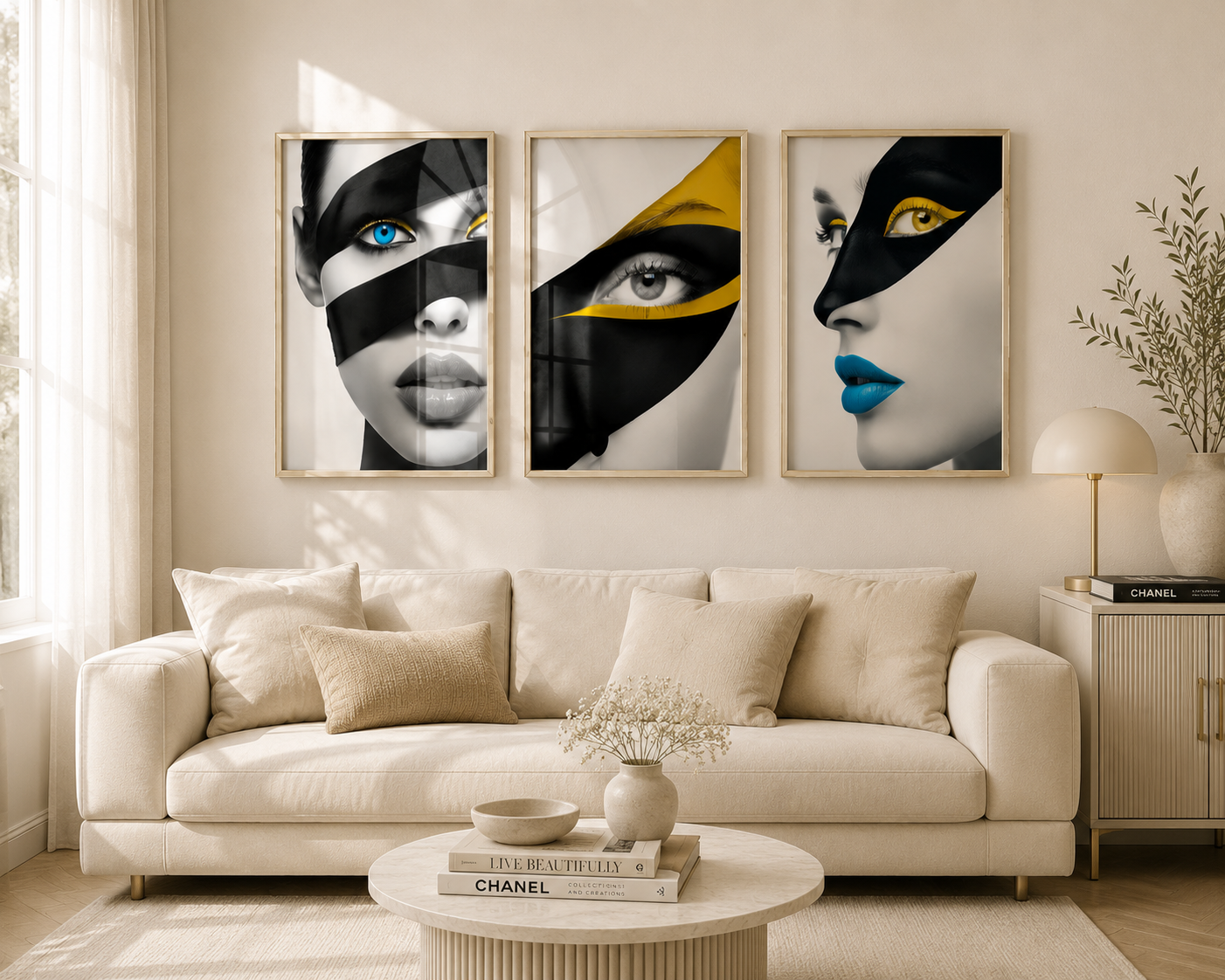 A modern living room with a cream sofa, round coffee table, and wall art featuring a three-panel abstract portrait of a woman's face in black, white, yellow, and blue tones.