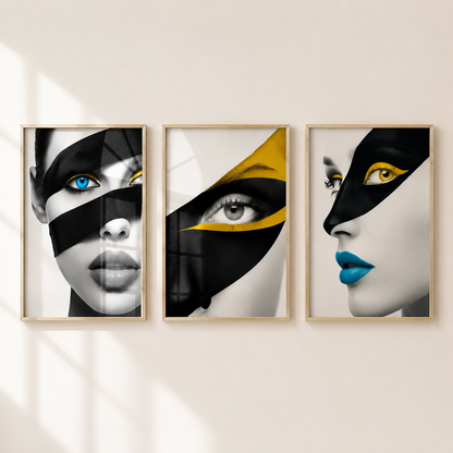 Three framed vertical wall art prints featuring stylized close-up portraits of a woman's face with black mask-like bands and bold eye makeup, hung side by side on a light beige wall.