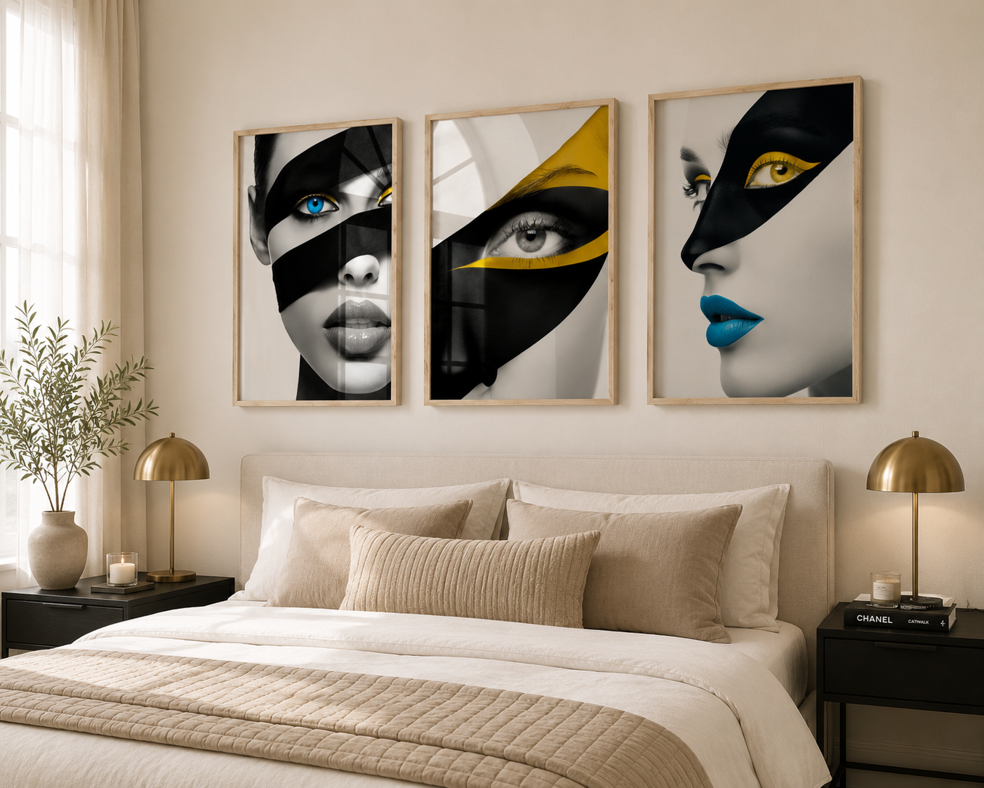 A three-panel framed wall art set hangs above a neatly made bed in a modern bedroom. Each panel shows a stylized close-up of a woman's face in black, white, and gray with bold yellow and blue accents.