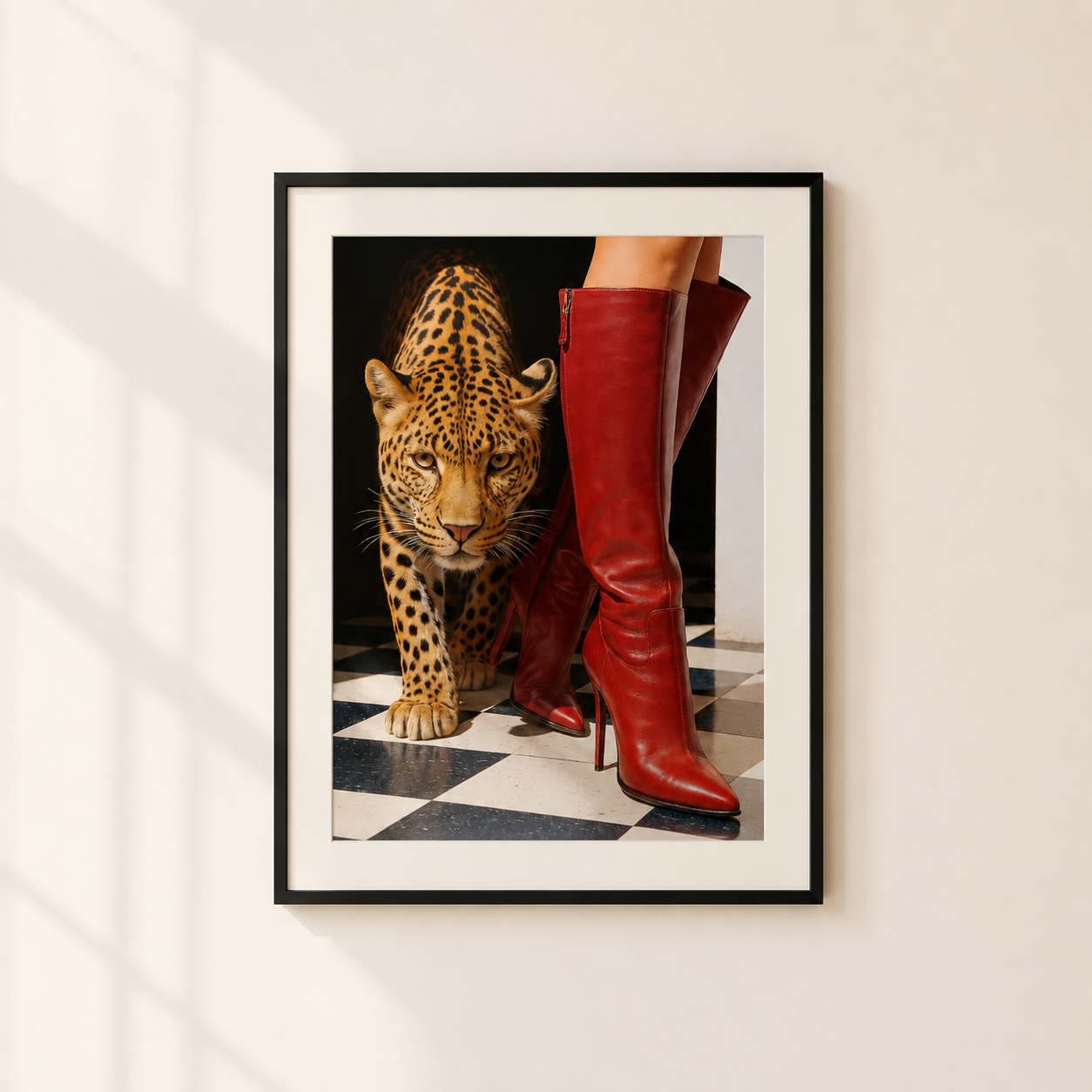 A framed art print hanging on a light beige wall, featuring a leopard walking beside a person's legs in red high-heeled boots on a black-and-white checkered floor.