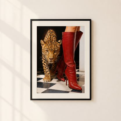 A framed art print hanging on a light beige wall, featuring a leopard walking beside a person's legs in red high-heeled boots on a black-and-white checkered floor.