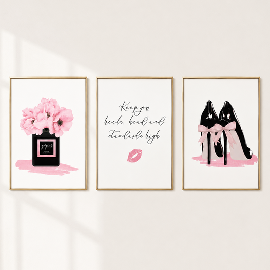 Three framed wall art prints hanging on a light beige wall. The left print shows pink flowers in a black perfume bottle with the text 'Paris'.