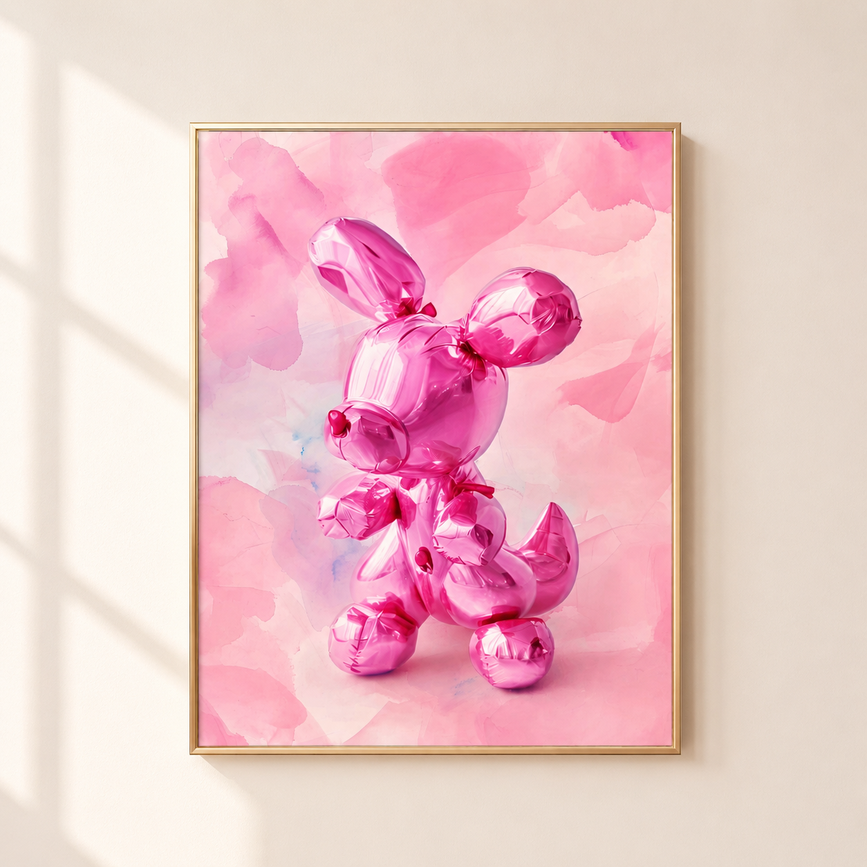 A framed art print featuring a glossy metallic pink cartoon bunny against a pink watercolor background, hung on a light beige wall with soft window shadows.