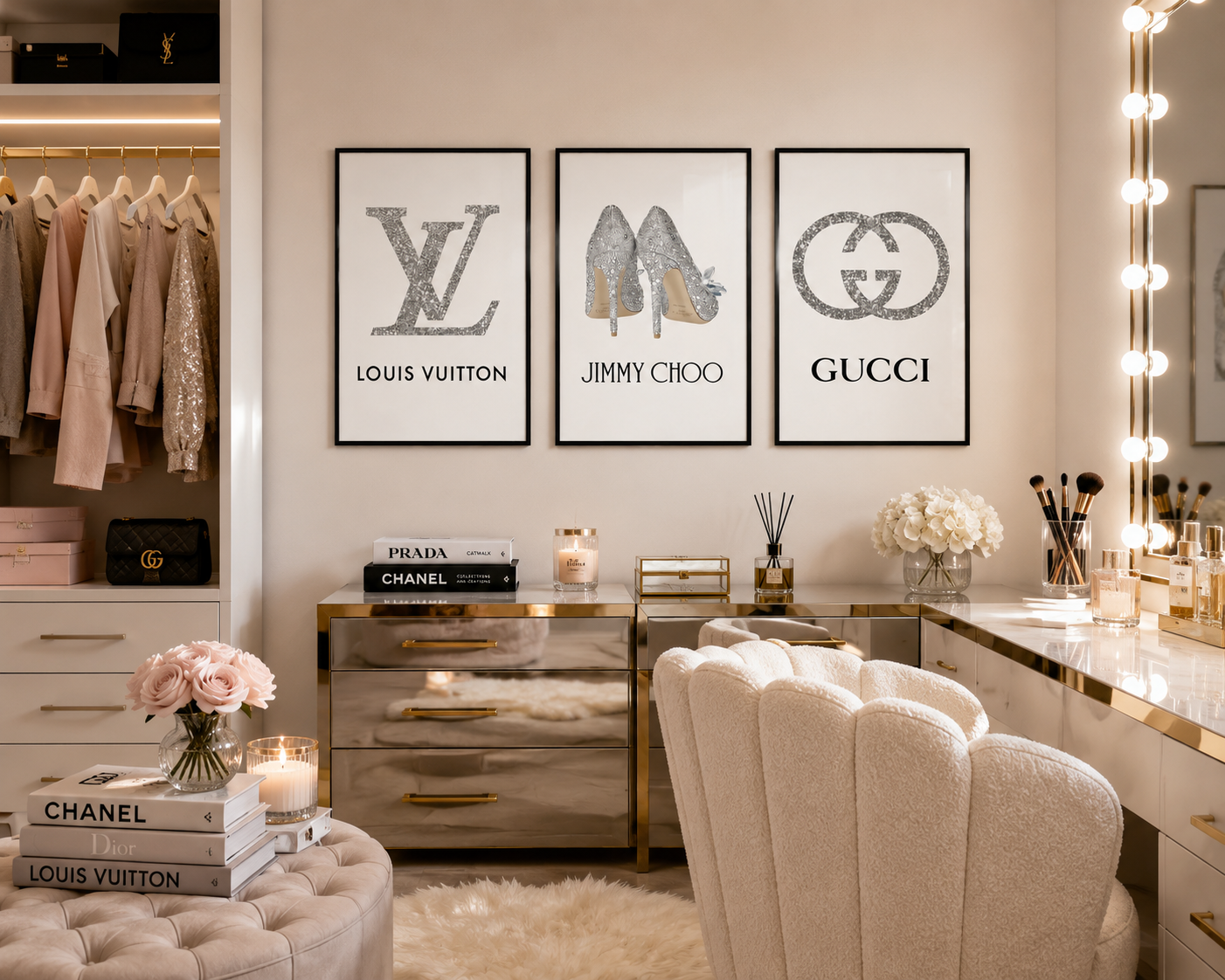 A luxury vanity room featuring three framed art prints on the wall: Louis Vuitton monogram, a pair of high heels labeled 'JIMMY CHOO', and a Gucci interlocking G logo. The room is styled with Chanel and Louis Vuitton items, a tufted ottoman, a velvet chair, and a vanity desk with a lighted mirror.