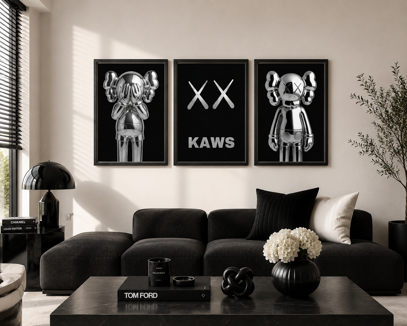 Three framed black and white KAWS wall art prints displayed above a dark gray sectional sofa in a modern living room setting.