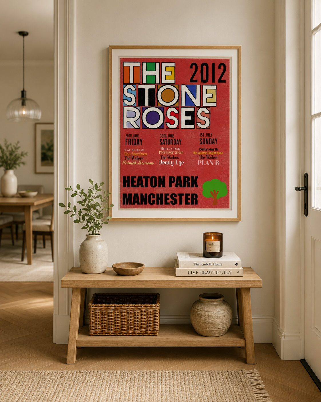 The Stone Roses Heaton Park 2012 vintage-inspired music print styled in a bright neutral hallway with oak furniture.