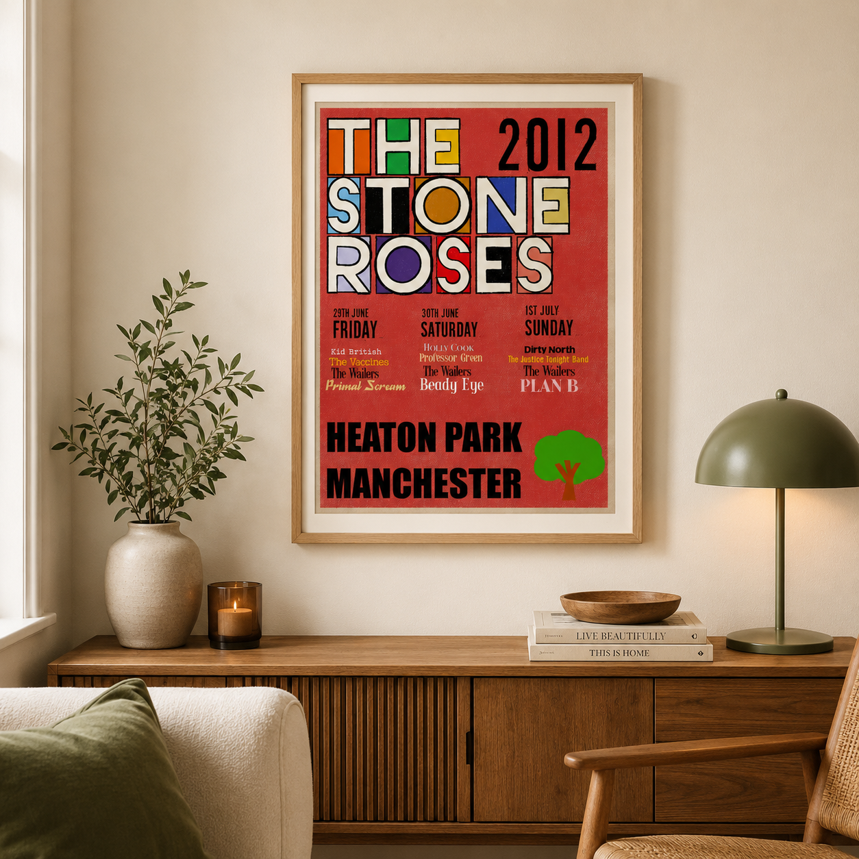 The Stone Roses Heaton Park 2012 Manchester gig poster displayed above a modern living room sideboard.