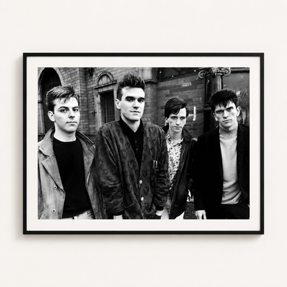 The Smiths black and white band photography print displayed in a modern black frame with white mount.