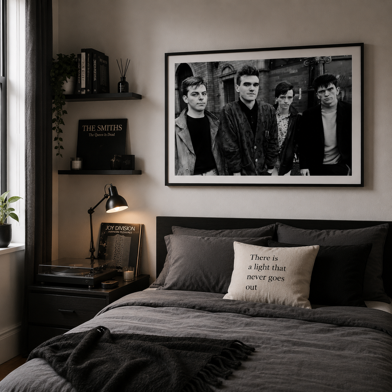 Premium black and white music photography featuring The Smiths, ideal for record rooms and gallery walls.