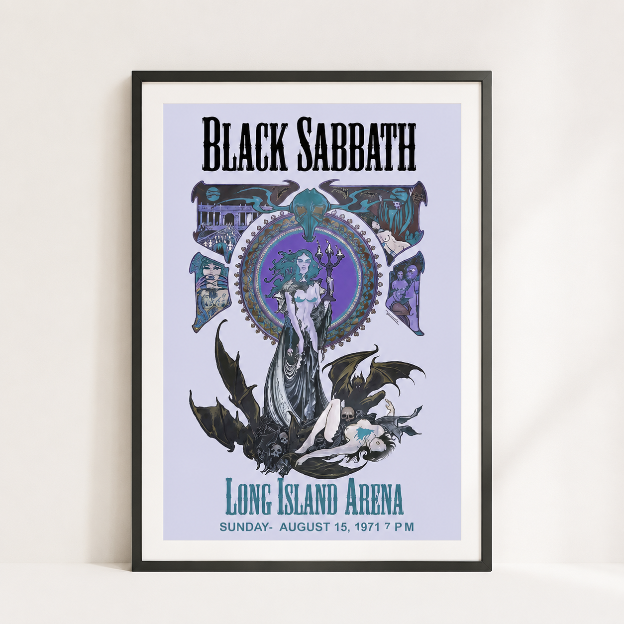 Black Sabbath vintage Long Island Arena concert poster print in a black frame featuring gothic artwork inspired by the iconic 1971 heavy metal performance.
