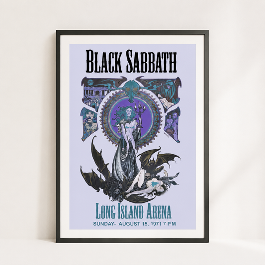 Black Sabbath vintage Long Island Arena concert poster print in a black frame featuring gothic artwork inspired by the iconic 1971 heavy metal performance.