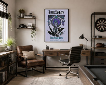 Vintage Black Sabbath concert poster hanging in a stylish masculine home office and games room with modern industrial furnishings.
