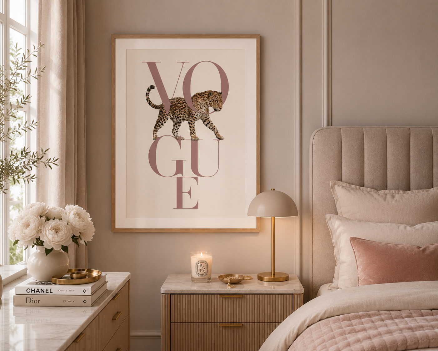 Modern leopard fashion print in soft neutral tones with blush pink typography, creating a chic statement piece for contemporary and quiet luxury homes.