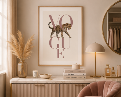 Designer-inspired leopard wall art with blush pink Vogue lettering, ideal for luxury bedroom decor, walk-in wardrobes and feminine home interiors.