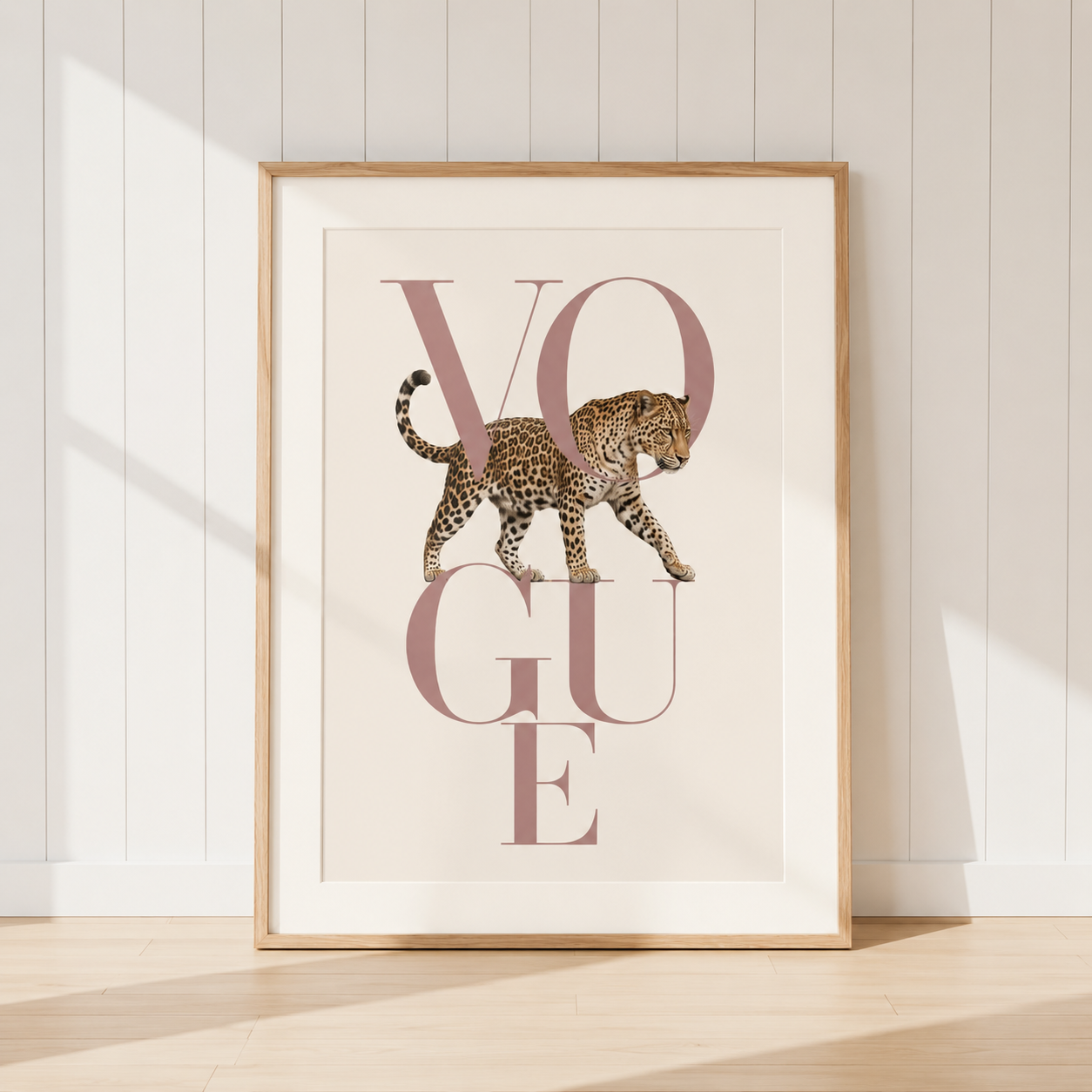 Luxury Leopard Vogue Print featuring blush pink typography and elegant animal artwork, perfect for neutral bedrooms, dressing rooms and stylish interiors.
