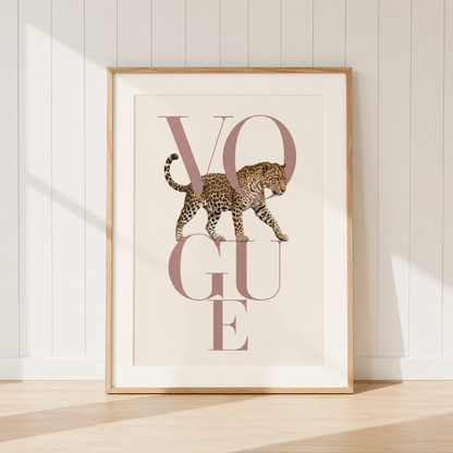 Luxury Leopard Vogue Print featuring blush pink typography and elegant animal artwork, perfect for neutral bedrooms, dressing rooms and stylish interiors.