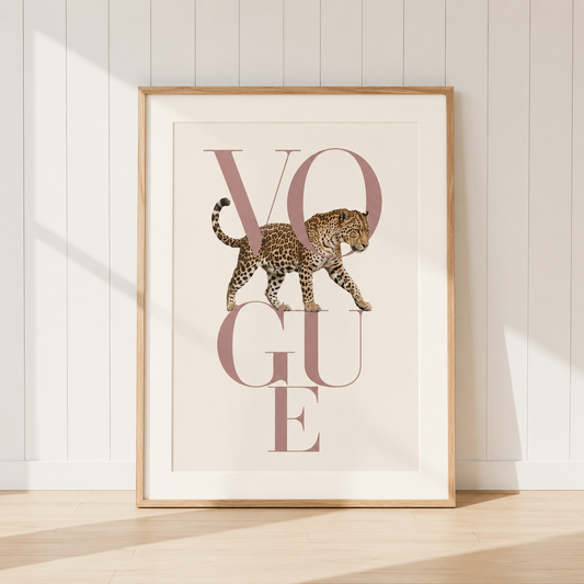 Luxury Leopard Vogue Print featuring blush pink typography and elegant animal artwork, perfect for neutral bedrooms, dressing rooms and stylish interiors.