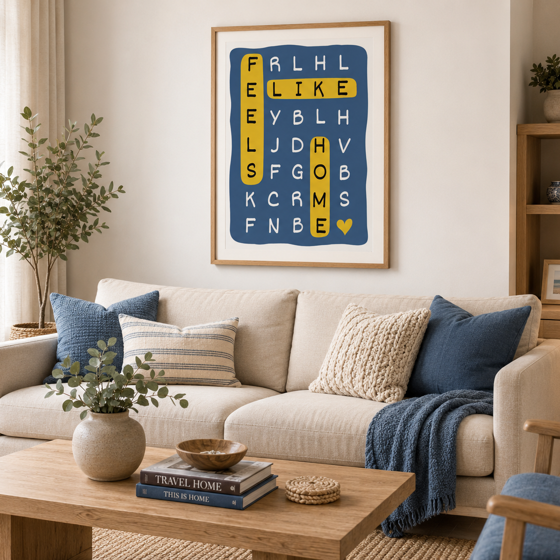 Contemporary typography poster with word search design displayed above a neutral sofa in a cosy living room.