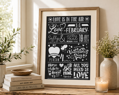Black and white personalised love quote print designed for couples and displayed in a light oak frame with warm ivory mount.