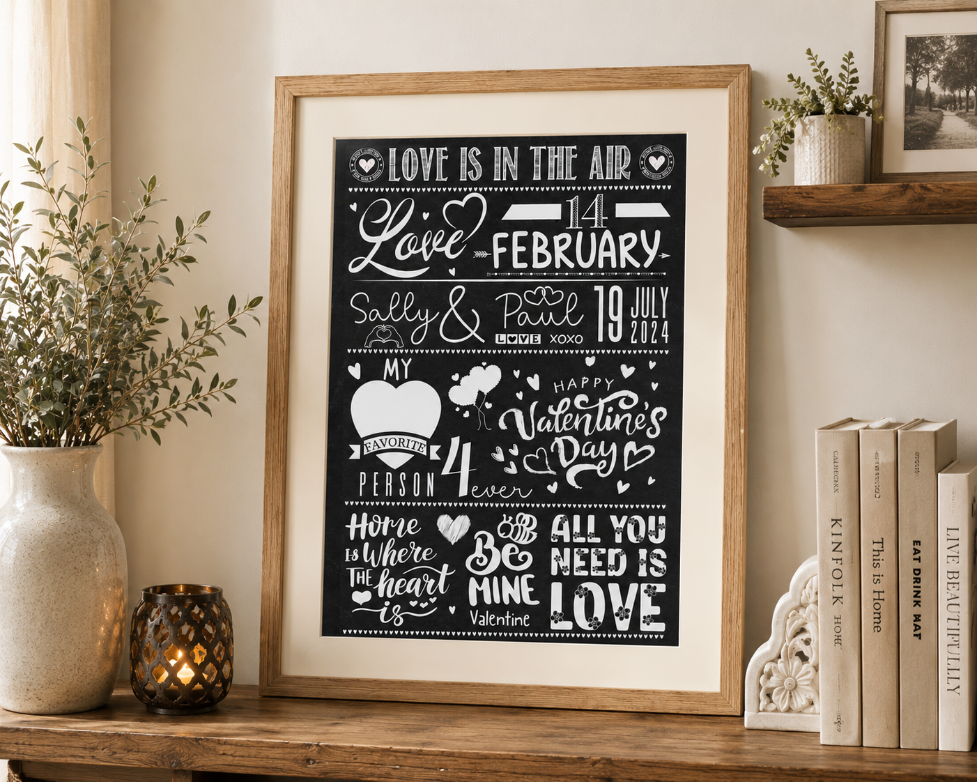 Romantic personalised couple wall art with custom names and special dates, ideal for Valentine's Day, anniversaries and wedding gifts.