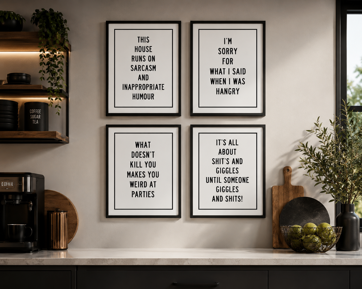 Funny black and white typography poster with the quote "What Doesn't Kill You Makes You Weird At Parties" perfect for contemporary home décor.