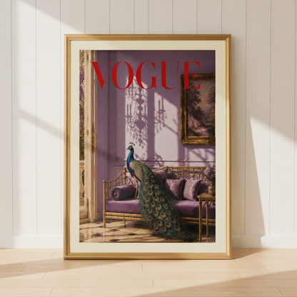 Luxury Vogue-inspired peacock wall art print featuring a majestic peacock in an elegant purple room with gold furnishings and editorial styling.