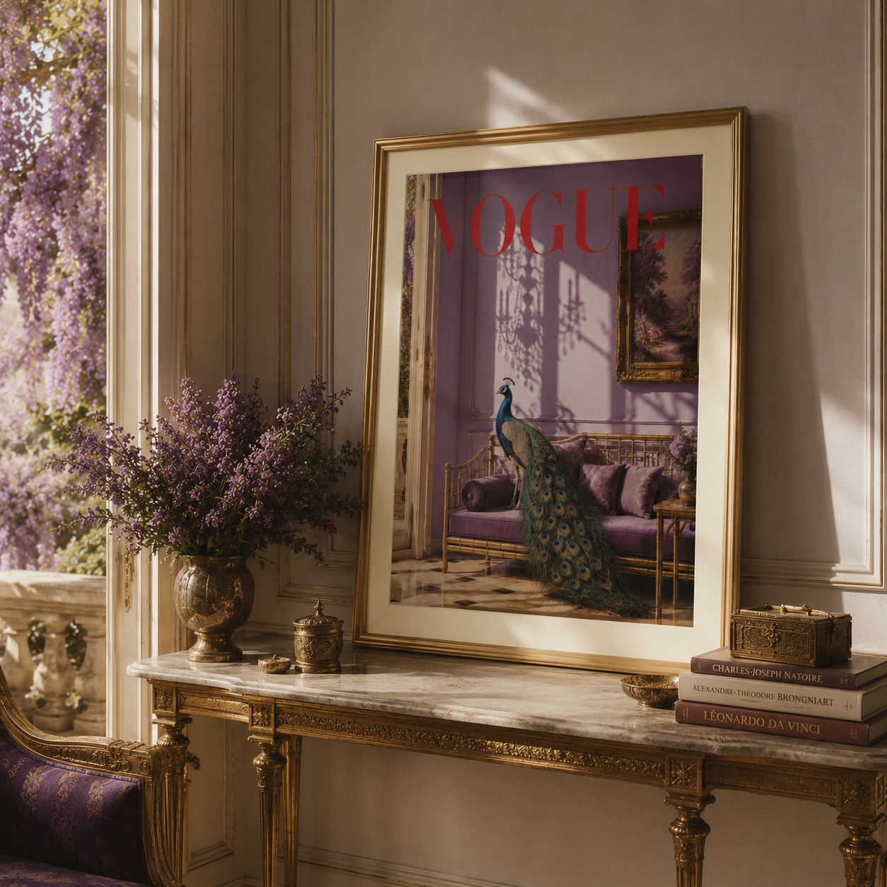 Designer-inspired purple peacock wall art with glamorous fashion magazine aesthetics and sophisticated interior decor.