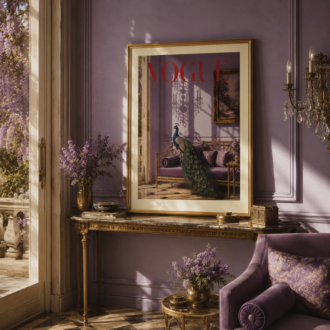 Elegant peacock poster in lavender and gold tones from the exclusive collection of 12 luxury animal wall art prints by KG Print Boutique.
