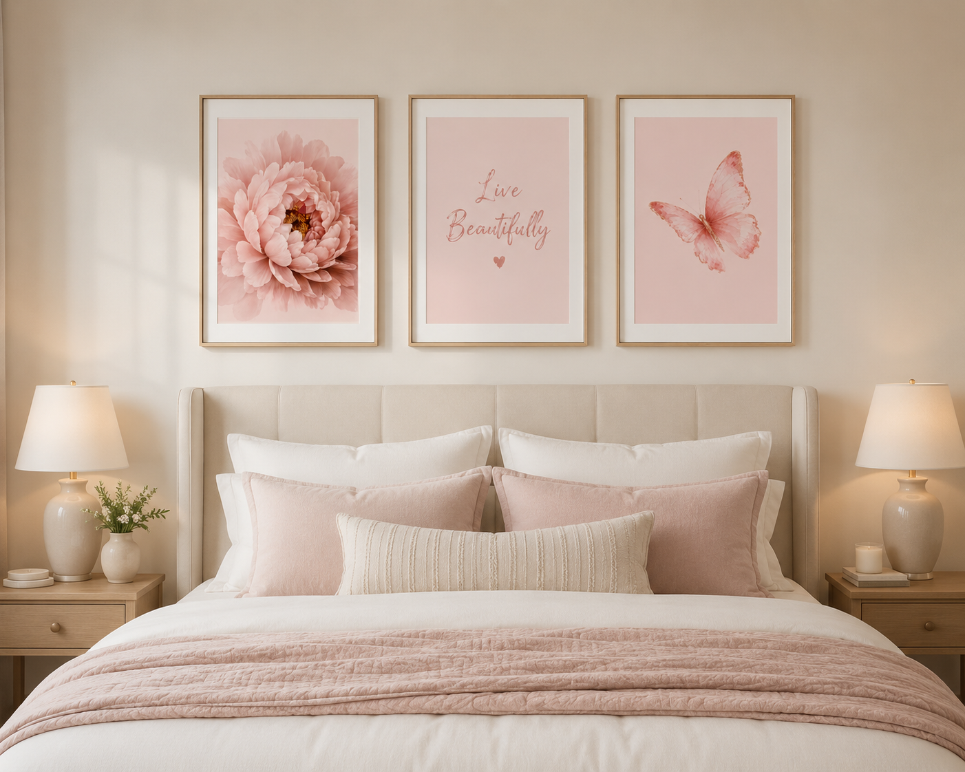 Luxury blush pink gallery wall set with peony flower, inspirational quote and butterfly artwork displayed in a modern home.