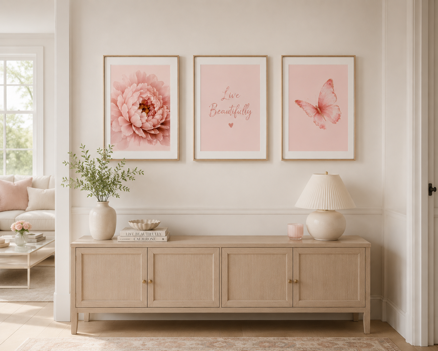 Blush pink peony flower, butterfly and Live Beautifully quote wall art set above a wooden sideboard in a neutral home interior.