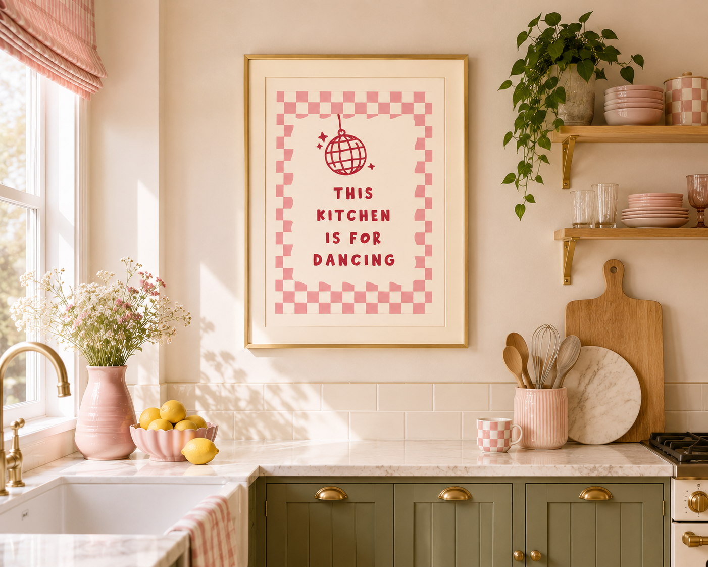 Retro pink checkerboard kitchen wall art reading "This Kitchen Is For Dancing", perfect for dopamine decor, cottagecore interiors and colourful gallery walls.