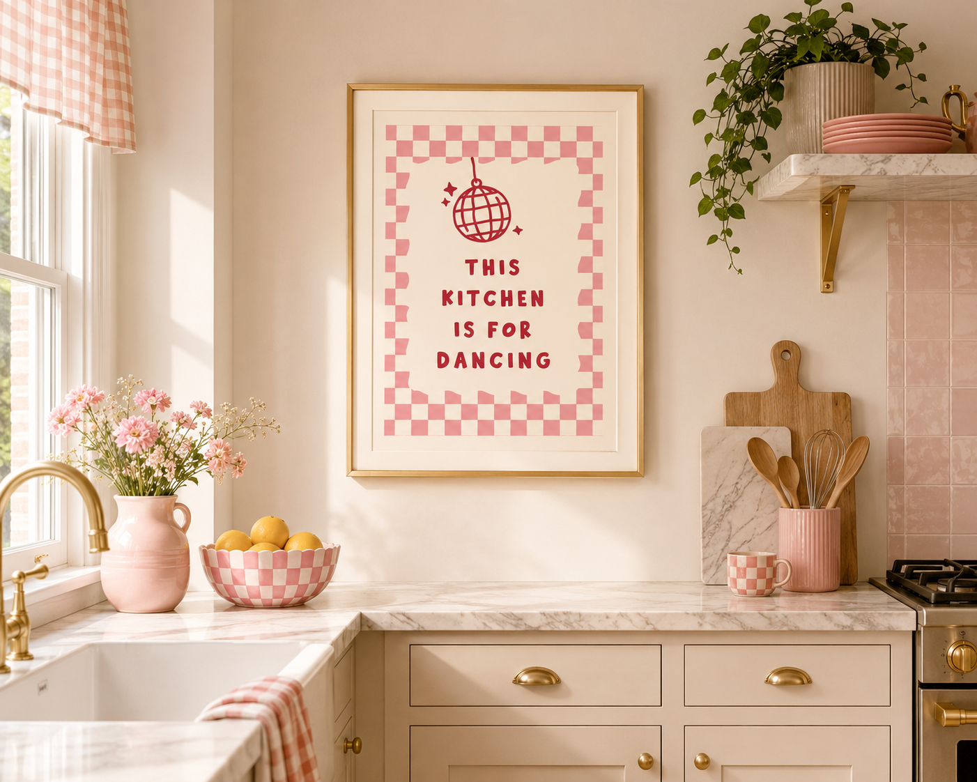 Blush pink kitchen print with red typography and disco ball design, styled in a modern farmhouse kitchen with gold accents and vintage-inspired decor.

