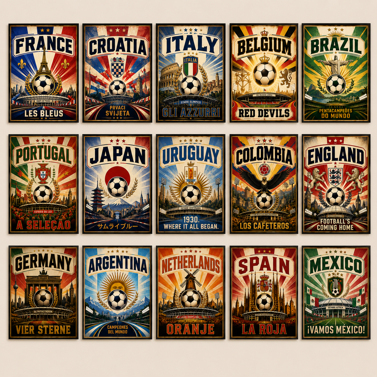 World Cup football poster collection wall display featuring England Football's Coming Home, Argentina Campeones del Mundo, Brazil Pentacampeões do Mundo, Germany Vier Sterne, France Les Bleus and other international football nations in vintage sports poster style.
